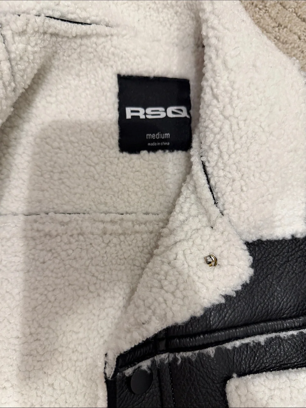 RSQ Black Faux Leather Bomber Jacket with White Sherpa Trim
